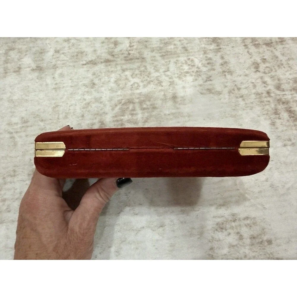 Vintage Mele Travel Jewelry Box Clamshell Velvet Earring Ring Organizer Rust Red